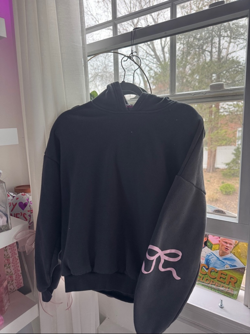 Edikted Black Hoodie Sweater with Pink Sleeve Graphic